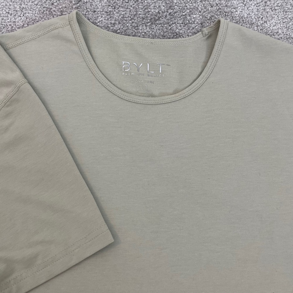 BYLT T Shirt Mens Large Signature Fawn Drop Cut Curved Hem Short Sleeve Tan